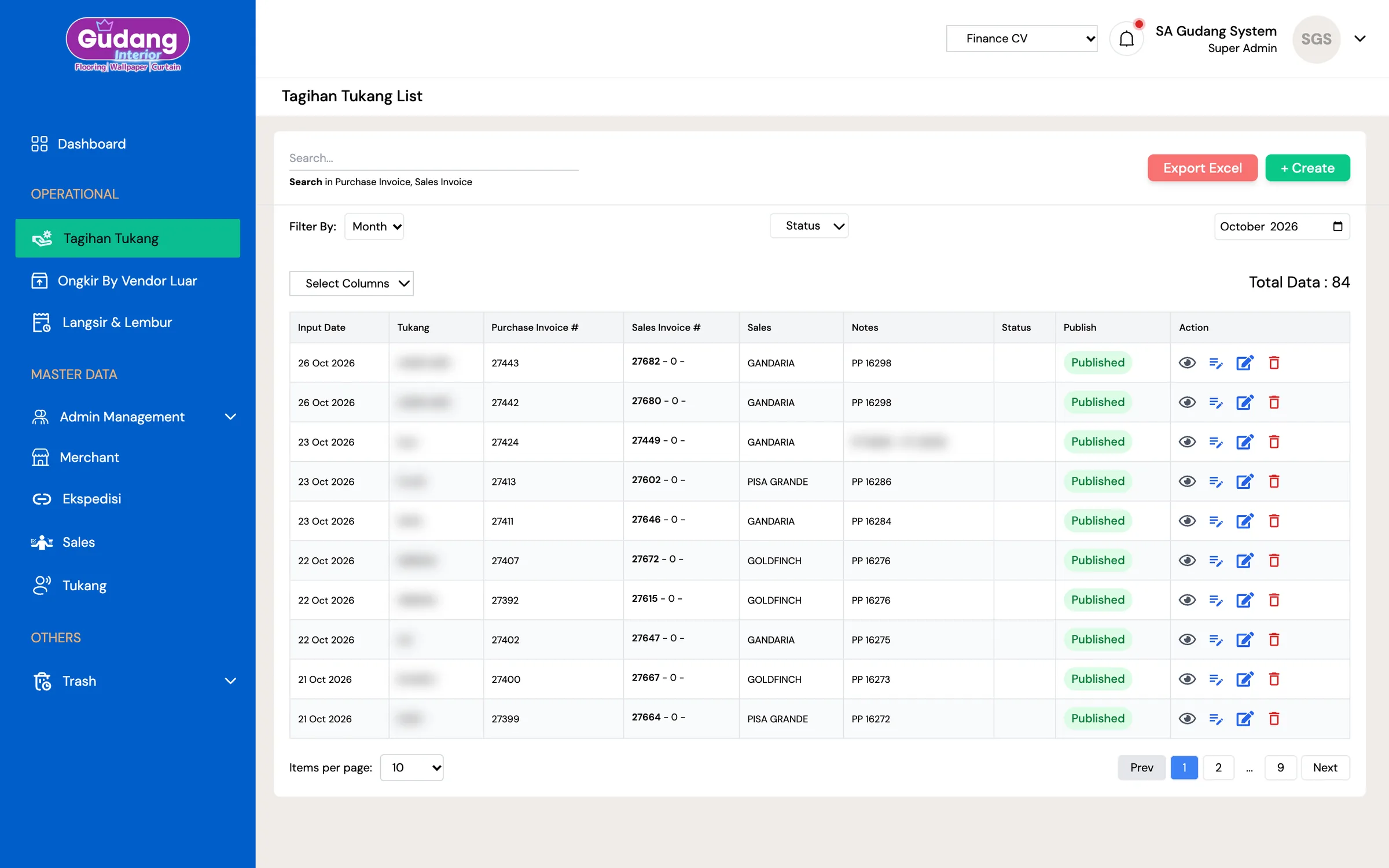 Finance Gudang System — Craftsman billing ledger