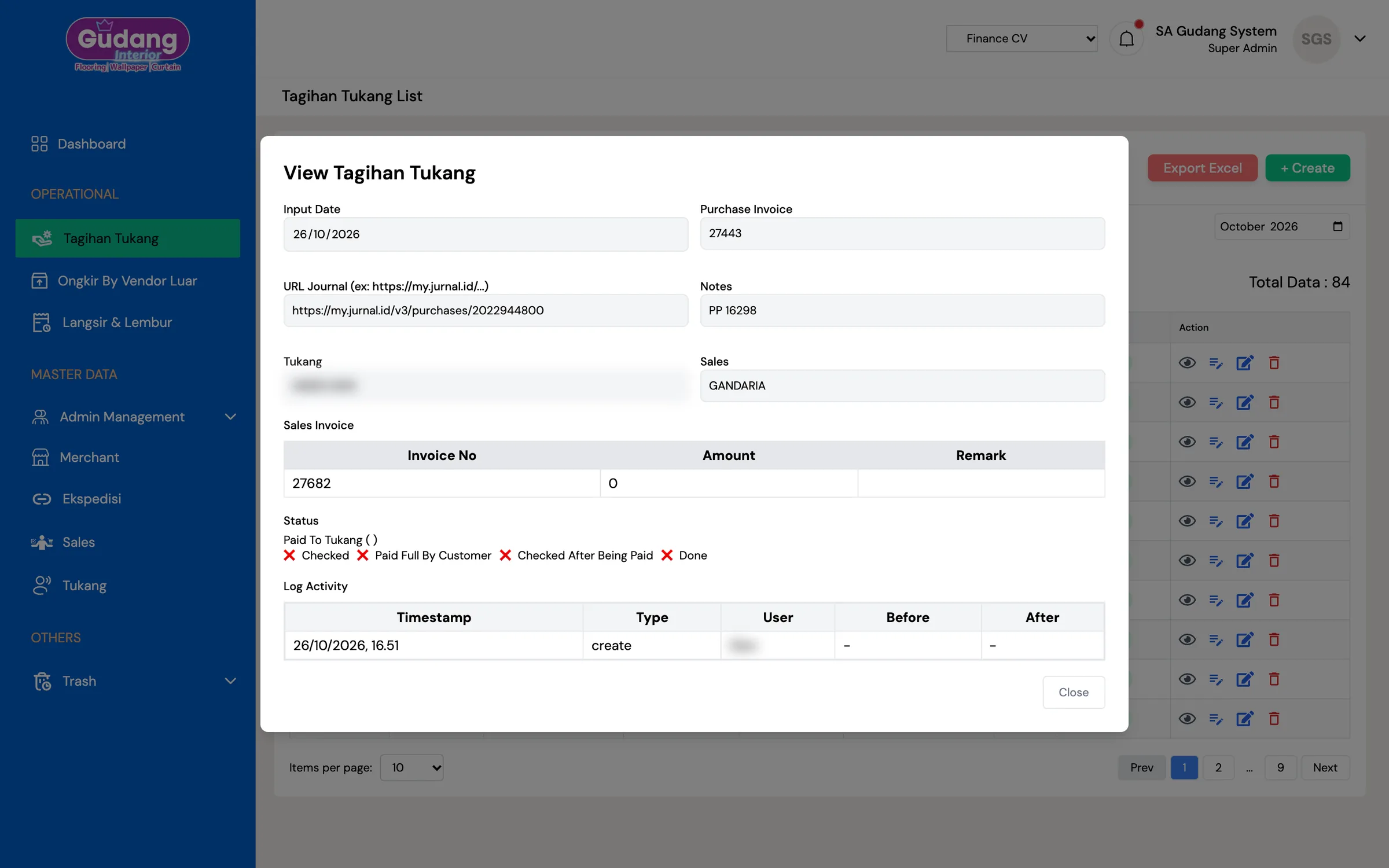 Finance Gudang System — Billing detail & verification status